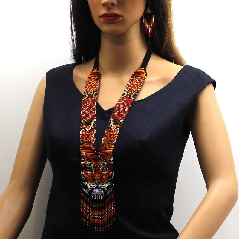 Native Tribal Style Long Statement Beaded Necklace for Women Handmade